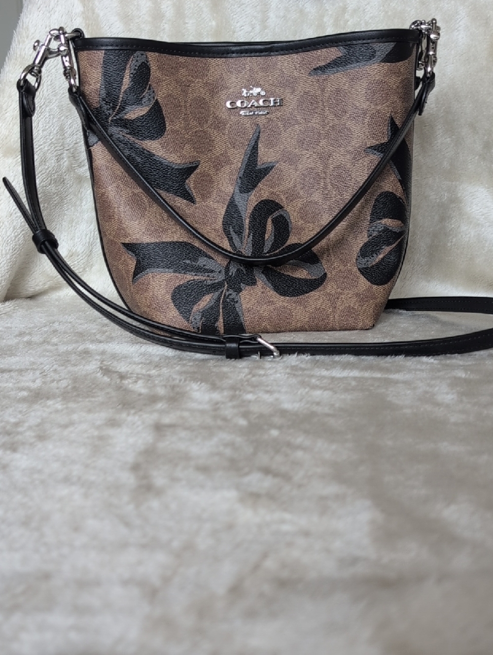 COACH Brown Floral Signature Bucket Crossbody with Black Accents